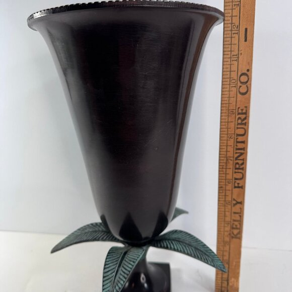 Tall Dark Finish Brass Fluted Vase w/ Brass Green Leaves 12.5" tall - Picture 9 of 10